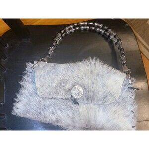 Genuine Goatskin soft goat hide fur handbag w top handles silver gray artisan
